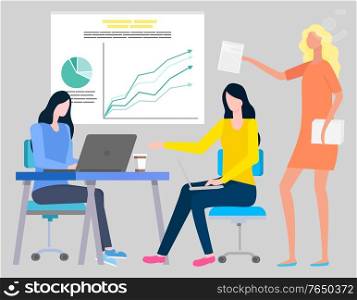 Stockbrokers working on computers and paper documents, making report on graphs and charts. Vector woman brokers buy and sale goods and assets isolated people. Stockbrokers Working on Computers, Paper Documents