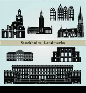 Stockholm landmarks and monuments isolated on blue background in editable vector file