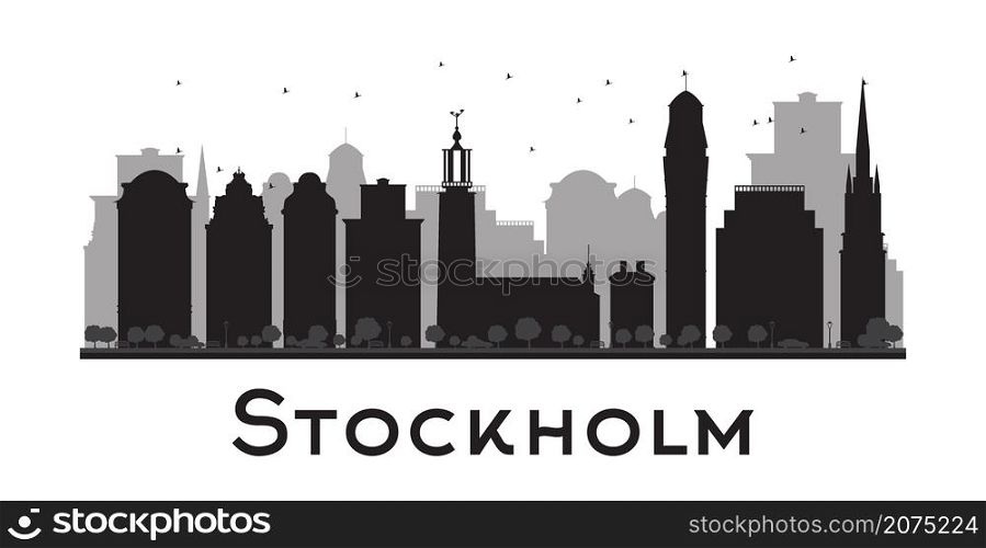 Stockholm skyline black and white silhouette. Vector illustration. Concept for tourism presentation, banner, placard or web site. Business travel concept. Cityscape with famous landmarks