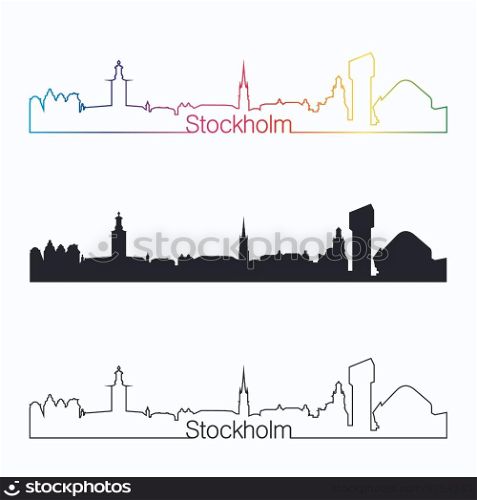Stockholm skyline linear style with rainbow in editable vector file