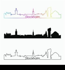 Stockholm skyline linear style with rainbow in editable vector file