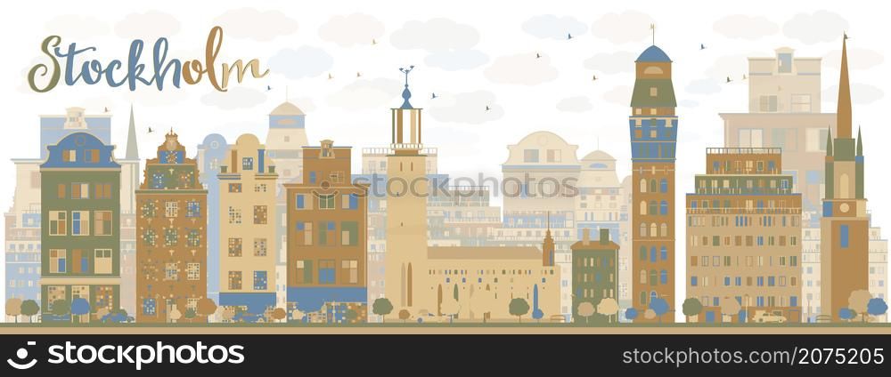 Stockholm Skyline with Bown and blue Buildings. Vector Illustration