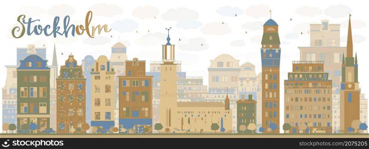 Stockholm Skyline with Bown and blue Buildings. Vector Illustration