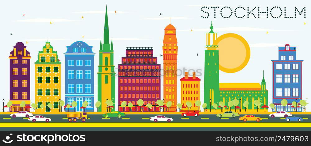 Stockholm Skyline with Color Buildings and Blue Sky. Vector Illustration. Business Travel and Tourism Concept with Historic Architecture. Image for Presentation Banner Placard and Web Site.