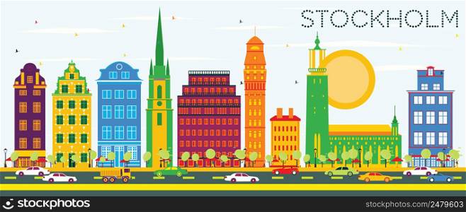 Stockholm Skyline with Color Buildings and Blue Sky. Vector Illustration. Business Travel and Tourism Concept with Historic Architecture. Image for Presentation Banner Placard and Web Site.