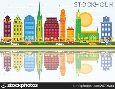 Stockholm Skyline with Color Buildings, Blue Sky and Reflections. Vector Illustration. Business Travel and Tourism Concept with Historic Architecture. Image for Presentation Banner Placard and Web Site.