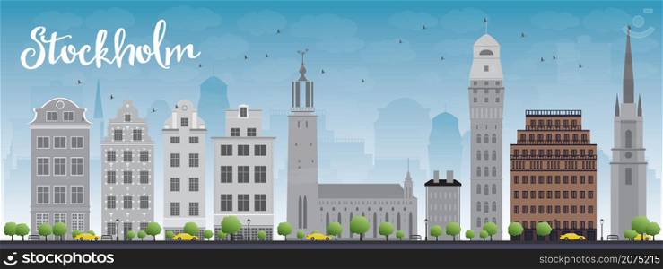 Stockholm Skyline with Grey Buildings and Blue Sky. Vector Illustration