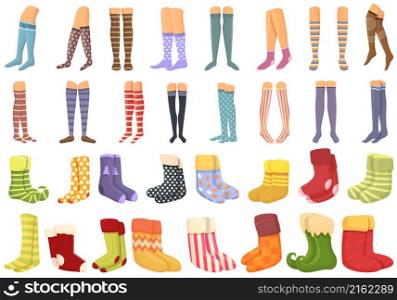 Stockings icons set cartoon vector. Xmas sock. Leg care. Stockings icons set cartoon vector. Xmas sock