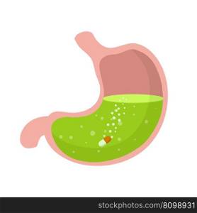 Stomach and pill. Dissolving drug. Disease of human internal organ. Cartoon flat illustration. Taking medicine. Medical care. Pain in belly. Capsule and digestion. Oral preparation application. Stomach and pill. Dissolving drug.