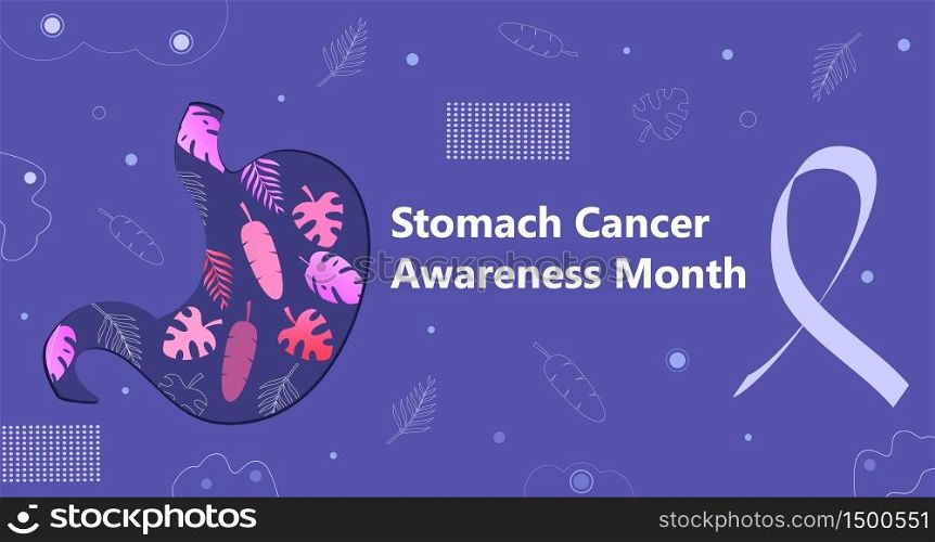 Stomach Cancer Awareness Month is organised on November in United States. Stomach shape on autumn leaves and periwinkle blue ribbon are shown. Health care trendy background vector for banner, web.. Stomach Cancer Awareness Month is organised on November in United States.