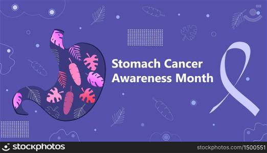Stomach Cancer Awareness Month is organised on November in United States. Stomach shape on autumn leaves and periwinkle blue ribbon are shown. Health care trendy background vector for banner, web.. Stomach Cancer Awareness Month is organised on November in United States.