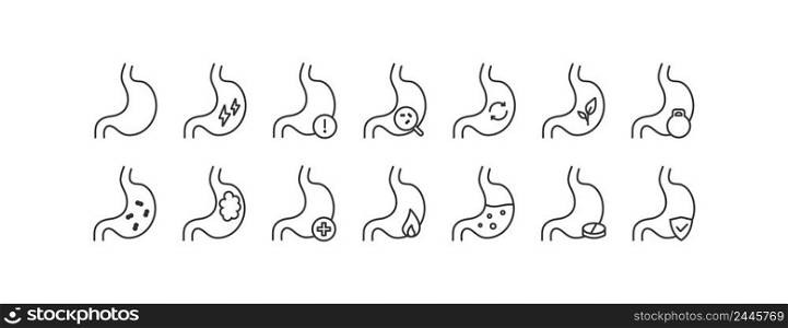 Stomach icon set. Stomach diseases, protein, function and treatment vector desing.