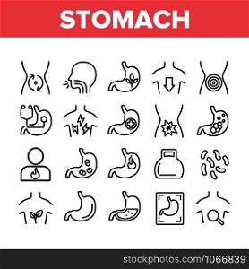 Stomach Organ Collection Elements Icons Set Vector Thin Line. Stomach Healthy And Disease, With Drugs And Flame, Stomachache And Acid Concept Linear Pictograms. Monochrome Contour Illustrations. Stomach Organ Collection Elements Icons Set Vector