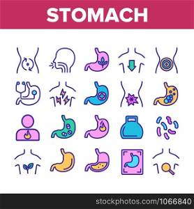 Stomach Organ Collection Elements Icons Set Vector Thin Line. Stomach Healthy And Disease, With Drugs And Flame, Stomachache And Acid Concept Linear Pictograms. Color Contour Illustrations. Stomach Organ Collection Elements Icons Set Vector