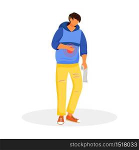 Stomach pain flat color vector faceless character. Man with stomachache. Constipation and diarrhea. Abdominal pain. Digestion system problems. Disease symptoms isolated cartoon illustration