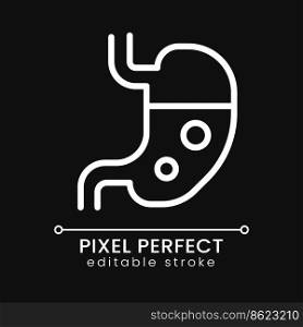 Stomach pixel perfect white linear icon for dark theme. Digestive system. Inner human organ. Medical checkup. Thin line illustration. Isolated symbol for night mode. Editable stroke. Poppins font used. Stomach pixel perfect white linear icon for dark theme