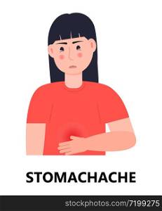 Stomachache icon vector. Poisoning, poor digestion, stomach ulcer are shown. Woman has abdominal pain. Infected person illustration.. Stomachache icon vector. Poisoning, poor digestion, stomach ulcer are shown. Woman has abdominal pain. Infected person
