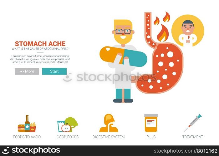 Stomache ache health concept flat design for landing page website or magazine illustration print