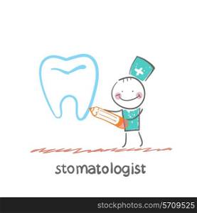 stomatologist drawing tooth. Fun cartoon style illustration. The situation of life.