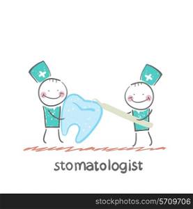stomatologist examine the sore tooth. Fun cartoon style illustration. The situation of life.