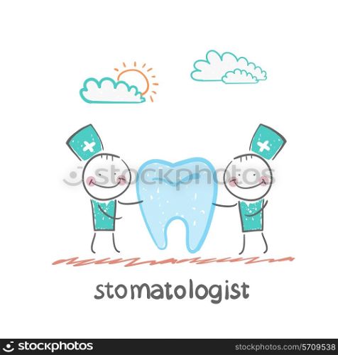 stomatologist examining patient tooth. Fun cartoon style illustration. The situation of life.