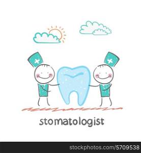 stomatologist examining patient tooth. Fun cartoon style illustration. The situation of life.