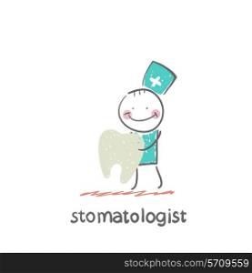 stomatologist holding a tooth. Fun cartoon style illustration. The situation of life.