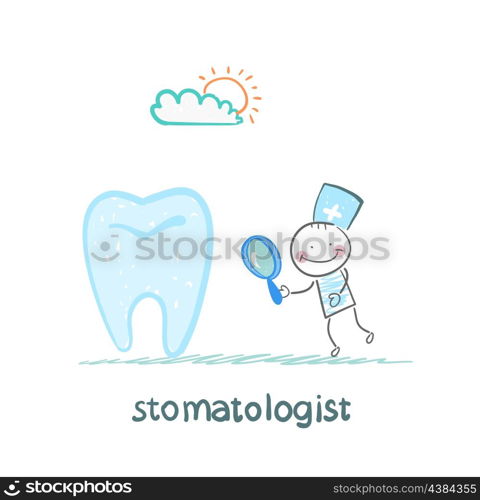 stomatologist looking through a magnifying glass on a tooth