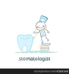 stomatologist standing on a pile of books and a stethoscope listens to a large tooth