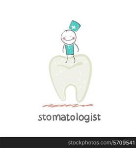 stomatologist stands on a large tooth. Fun cartoon style illustration. The situation of life.