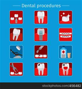 Stomatology and dental procedures flat icons. Toothcare vector illustration. Stomatology and dental procedures flat icons