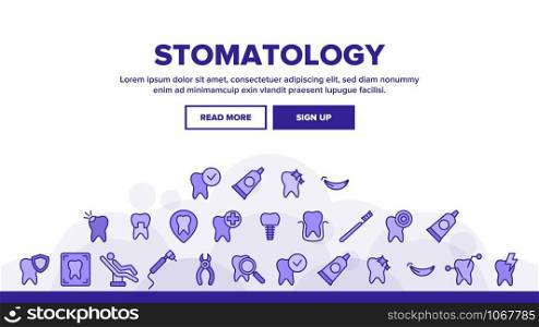 Stomatology And Dentistry Landing Web Page Header Banner Template Vector. Stomatology, Teeth Treatment And Oral Hygiene. Dentist Tools. Dental Implant, Tooth Cavity Illustration. Stomatology And Dentistry Landing Header Vector