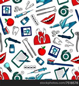 Stomatology and dentistry seamless background. Wallpaper with vector icons of dentist and stomatologist equipment and medications. Stomatology and dentistry seamless background