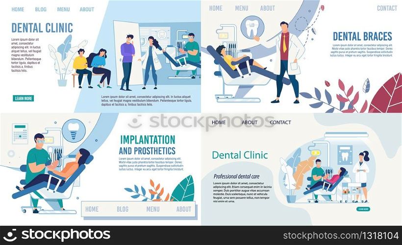 Stomatology and Dentistry. Tooth Healthcare Services Flat Landing Page Set. Setting Braces, Prosthetics, implantation. Diagnosis and Treatment. Dentist and Patients. Vector Cartoon Illustration. Dentistry Healthcare Services Landing Page Set