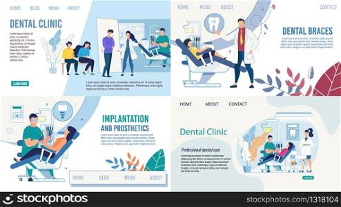 Stomatology and Dentistry. Tooth Healthcare Services Flat Landing Page Set. Setting Braces, Prosthetics, implantation. Diagnosis and Treatment. Dentist and Patients. Vector Cartoon Illustration. Dentistry Healthcare Services Landing Page Set