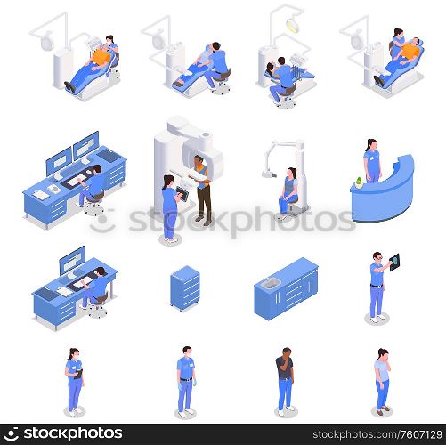 Stomatology clinic isometric icons set with medicine and health symbols isolated vector illustration