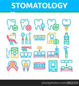 Stomatology Collection Vector Thin Line Icons Set. Stomatology Dentist Equipment And Chair, Healthy And Unhealthy Tooth Linear Pictograms. Jaw Denture, Injection Anesthesia Color Contour Illustrations. Stomatology Collection Vector Thin Line Icons Set