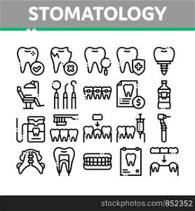 Stomatology Collection Vector Thin Line Icons Set. Stomatology Dentist Equipment And Chair, Healthy And Unhealthy Tooth Linear Pictograms. Jaw Denture, Injection Anesthesia Black Contour Illustrations. Stomatology Collection Vector Thin Line Icons Set