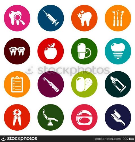 Stomatology dental icons set vector colorful circles isolated on white background . Stomatology dental icons set colorful circles vector