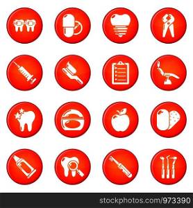 Stomatology dental icons set vector red circle isolated on white background . Stomatology dental icons set red vector