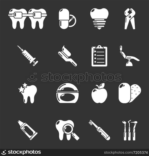 Stomatology dental icons set vector white isolated on grey background . Stomatology dental icons set grey vector