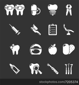 Stomatology dental icons set vector white isolated on grey background . Stomatology dental icons set grey vector