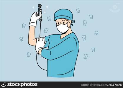 Stomatology dentist and tooth care concept. Man doctor dentist in blue working uniform and medical mask standing holding tool for curing cavity before work vector illustration . Stomatology dentist and tooth care concept.