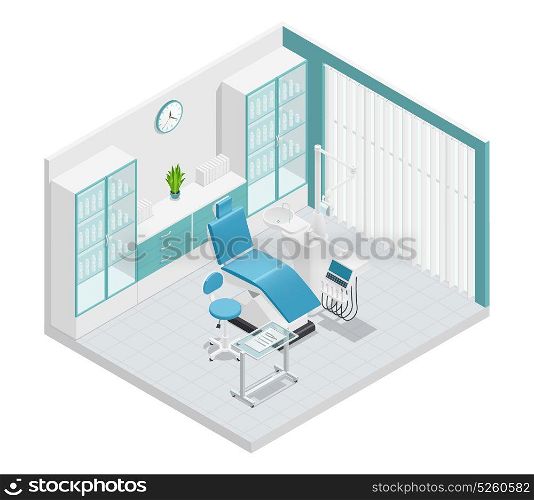Stomatology Dentistry Isometric Cabinet Composition. Stomatology dentistry isometric 3 d cabinet composition with furniture and work attributes vector illustration