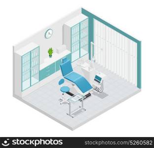 Stomatology Dentistry Isometric Cabinet Composition. Stomatology dentistry isometric 3 d cabinet composition with furniture and work attributes vector illustration