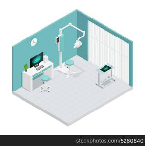 Stomatology Dentistry Isometric Composition. Colored stomatology dentistry isometric 3d composition with cabinet in hospital and equipment vector illustration