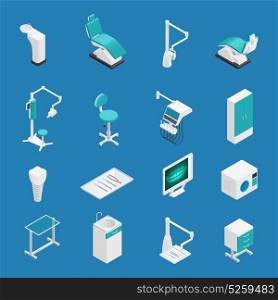 Stomatology Dentistry Isometric Icon Set. Colored stomatology dentistry isometric icon set with attributes and elements for work vector illustration