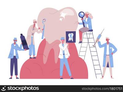 Stomatology dentists characters take care giant tooth. Dental service, doctors treat, clean tooth plaque and caries vector illustration set. Dental clinic treatment. People examining with magnifier. Stomatology dentists characters take care giant tooth. Dental service, doctors treat, clean tooth plaque and caries vector illustration set. Dental clinic treatment