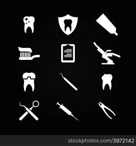 Stomatology icons set on chalkboard - teeth care icons. Care health icon, vector illustration. Stomatology icons set on chalkboard - teeth care icons