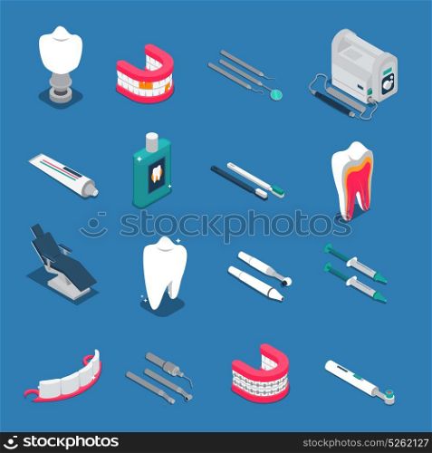 Stomatology Isometric Colored Icons. Stomatology isometric colored icons isolated on blue background with dentures and tools for dental care vector illustration